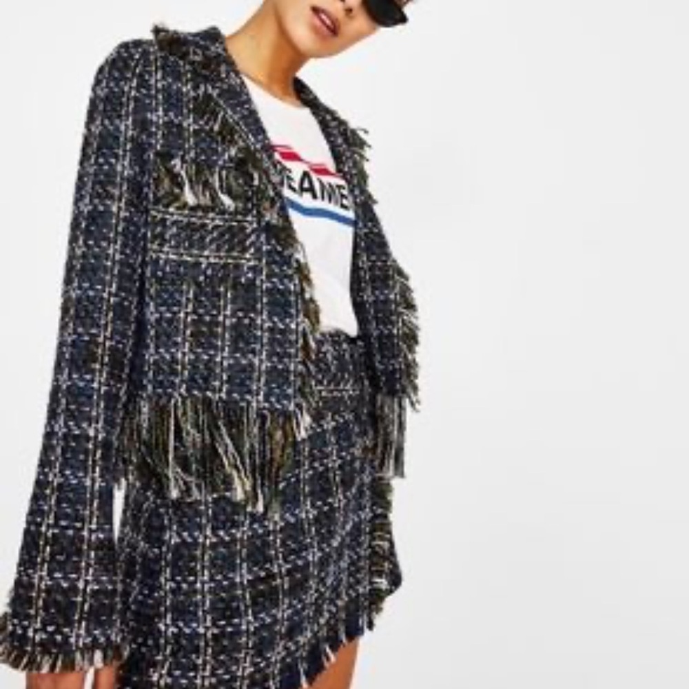 Bershka Tweed Jacket With Frayed Hem. Pre-Owned.